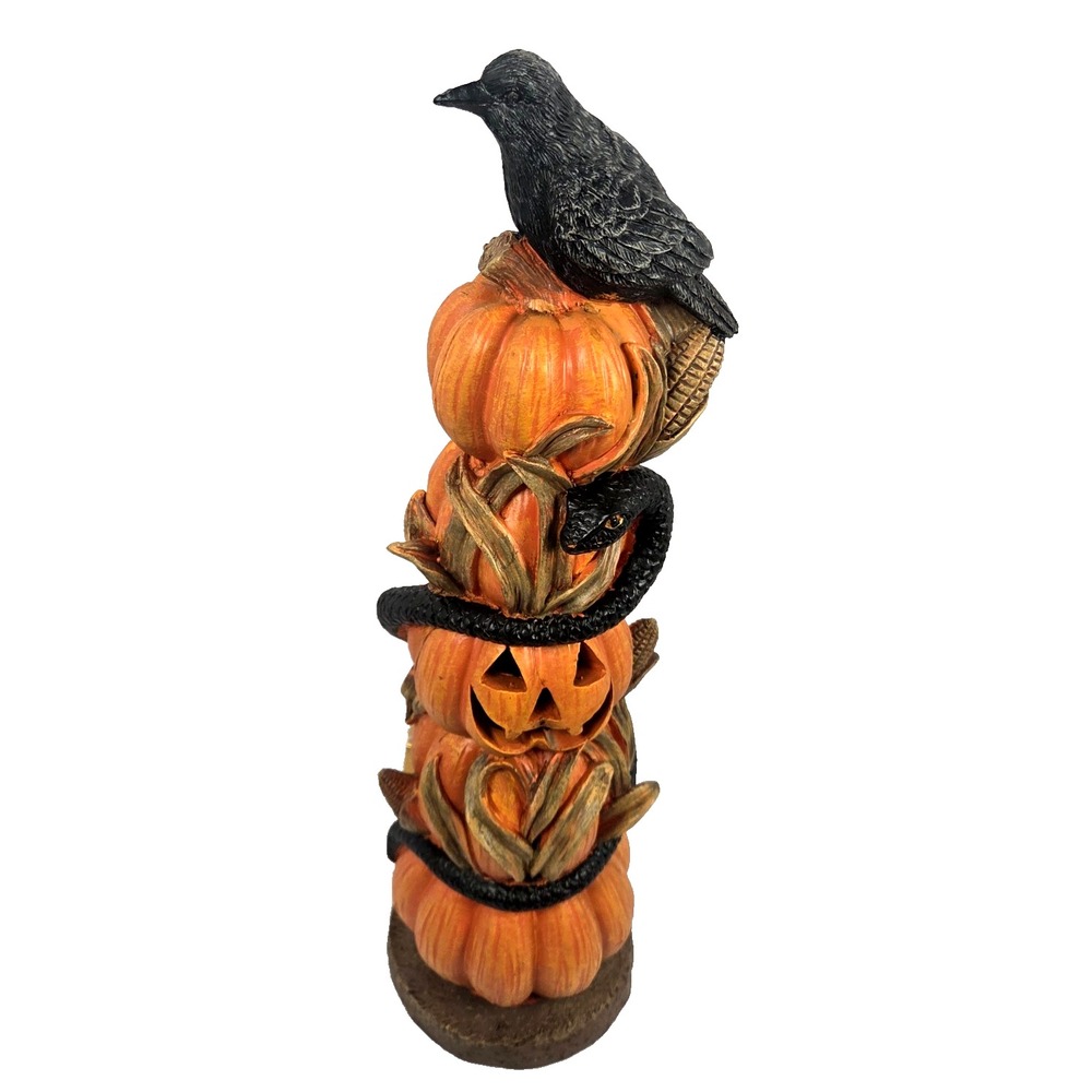 LED Raven Snake Pumpkin Stack Halloween Decor Lighted Jack O Lantern 17" Tall